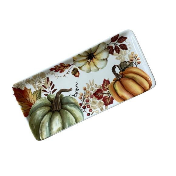 Maxcera Pumpkin Serving Platter 11x5 Ceramic Fall Harvest Thanksgiving NEW - Picture 2 of 11